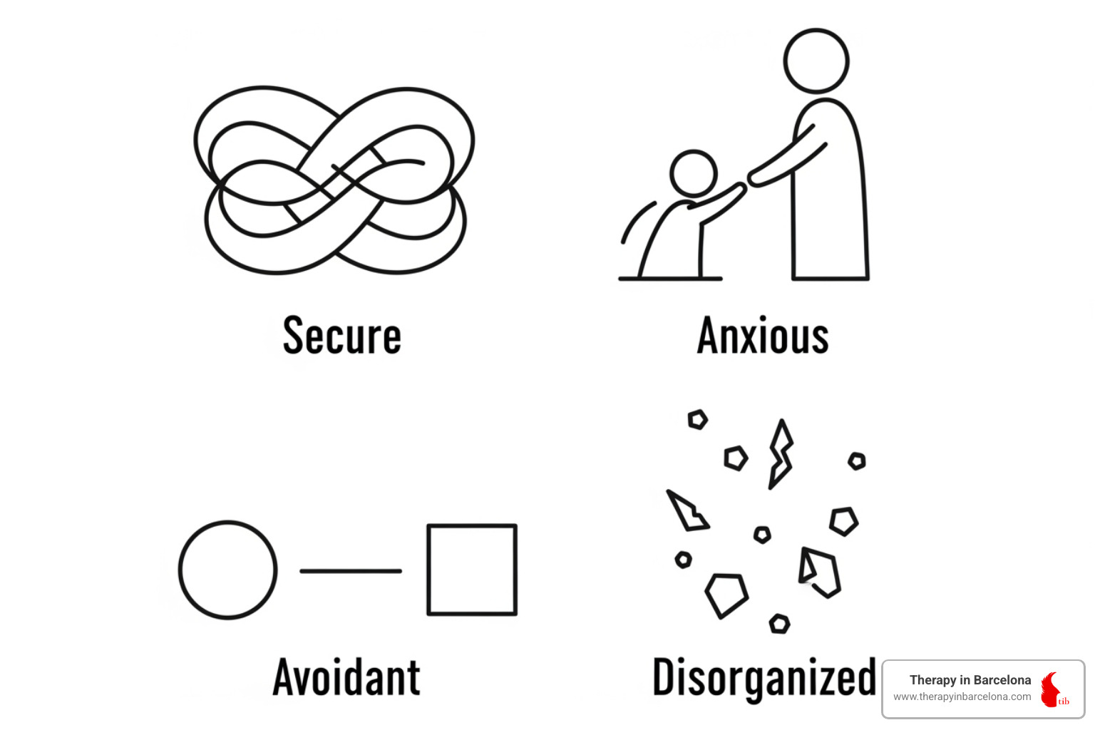 Four simple icons representing each attachment style: Secure, Anxious, Avoidant, Disorganized - Attachment-based couples therapy