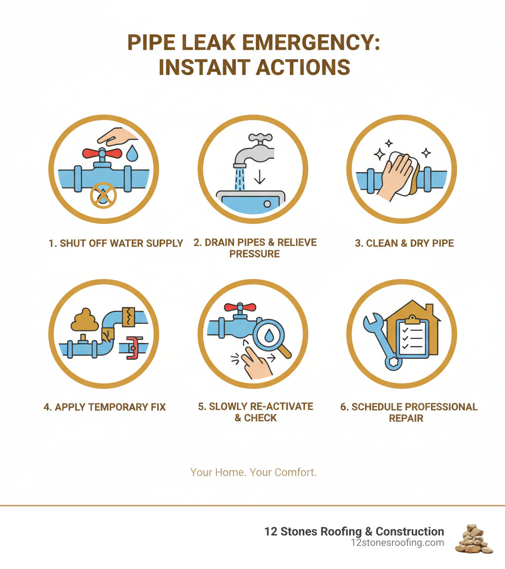 Infographic showing the immediate steps for fixing leaky pipe: 1) Locate and turn off the water supply valve, 2) Open faucets to drain remaining water and relieve pressure, 3) Clean and dry the pipe surface thoroughly, 4) Apply temporary repair using epoxy putty for small cracks, silicone tape for joints, or pipe clamps for larger leaks, 5) Turn water back on slowly and check for leaks, 6) Schedule professional inspection for permanent repair - fixing leaky pipe infographic Infographic showing the immediate steps for fixing leaky pipe: 1) Locate and turn off the water supply valve, 2) Open faucets to drain remaining water and relieve pressure, 3) Clean and dry the pipe surface thoroughly, 4) Apply temporary repair using epoxy putty for small cracks, silicone tape for joints, or pipe clamps for larger leaks, 5) Turn water back on slowly and check for leaks, 6) Schedule professional inspection for permanent repair - fixing leaky pipe infographic