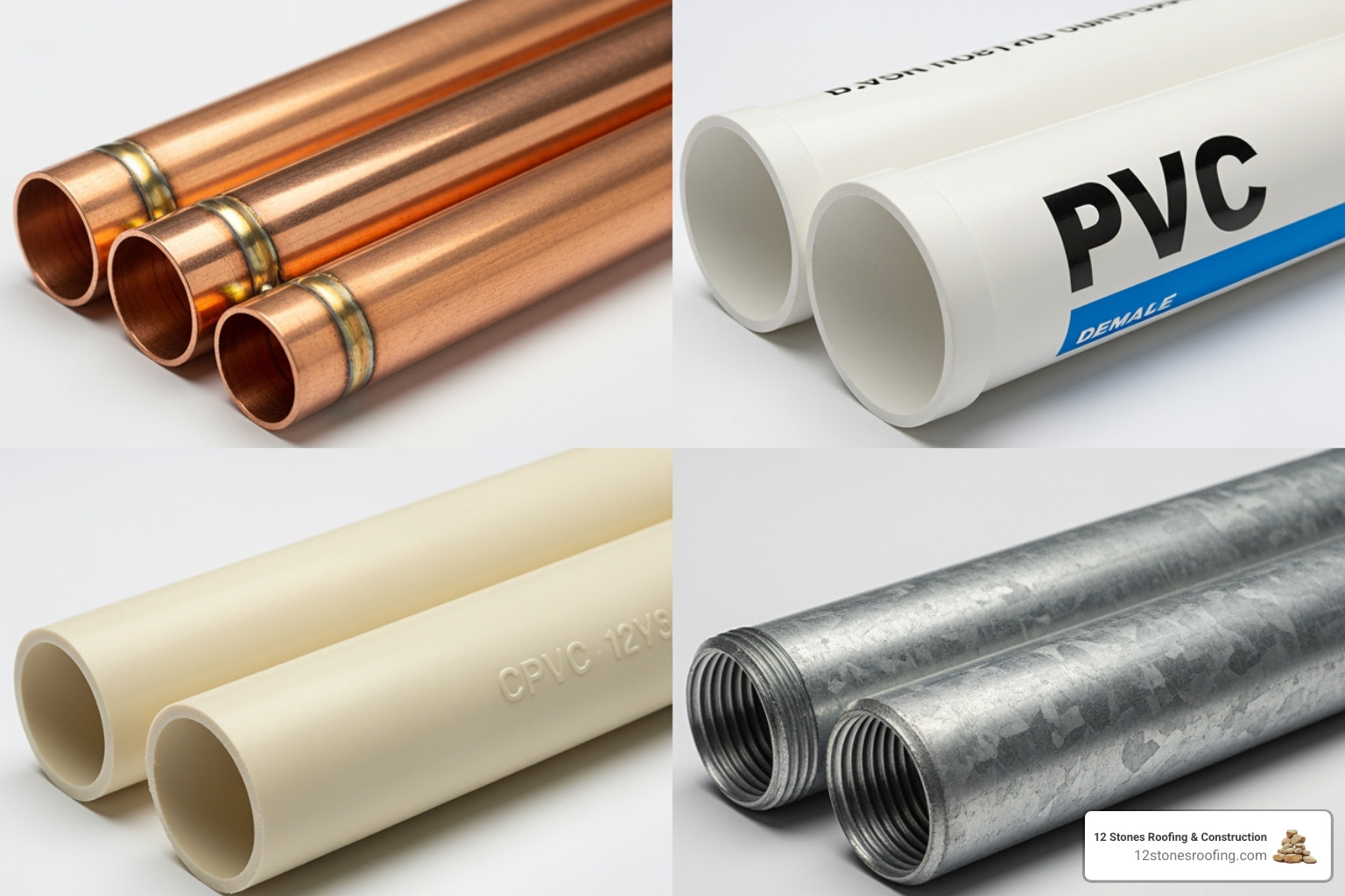 A collage showing different pipe materials: shiny copper, white PVC, cream-colored CPVC, and dull grey galvanized steel - fixing leaky pipe A collage showing different pipe materials: shiny copper, white PVC, cream-colored CPVC, and dull grey galvanized steel - fixing leaky pipe
