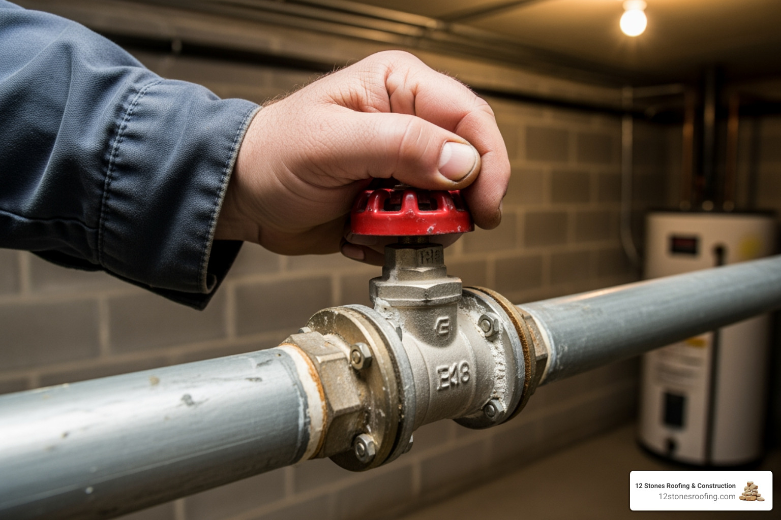 A hand turning a red-handled main water shut-off valve - fixing leaky pipe A hand turning a red-handled main water shut-off valve - fixing leaky pipe