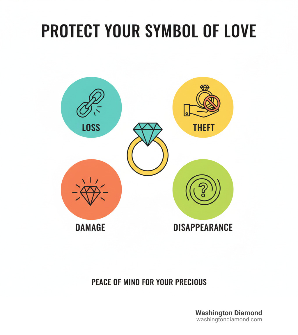 Infographic explaining the key reasons to insure a ring: Loss, Theft, Damage, and Disappearance - diamond ring insurance infographic Infographic explaining the key reasons to insure a ring: Loss, Theft, Damage, and Disappearance - diamond ring insurance infographic
