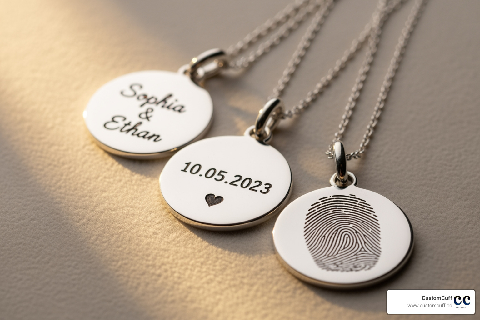 A close-up shot showcasing various engraving styles on different necklace pendants, including names, a date, and a small fingerprint. - mom engraved necklace