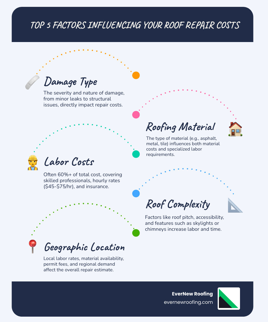 Infographic detailing the top 5 factors that influence roof repair costs: Damage Type, Material, Labor, Roof Complexity, and Location - Roof repair estimate infographic infographic-line-5-steps-blues-accent_colors