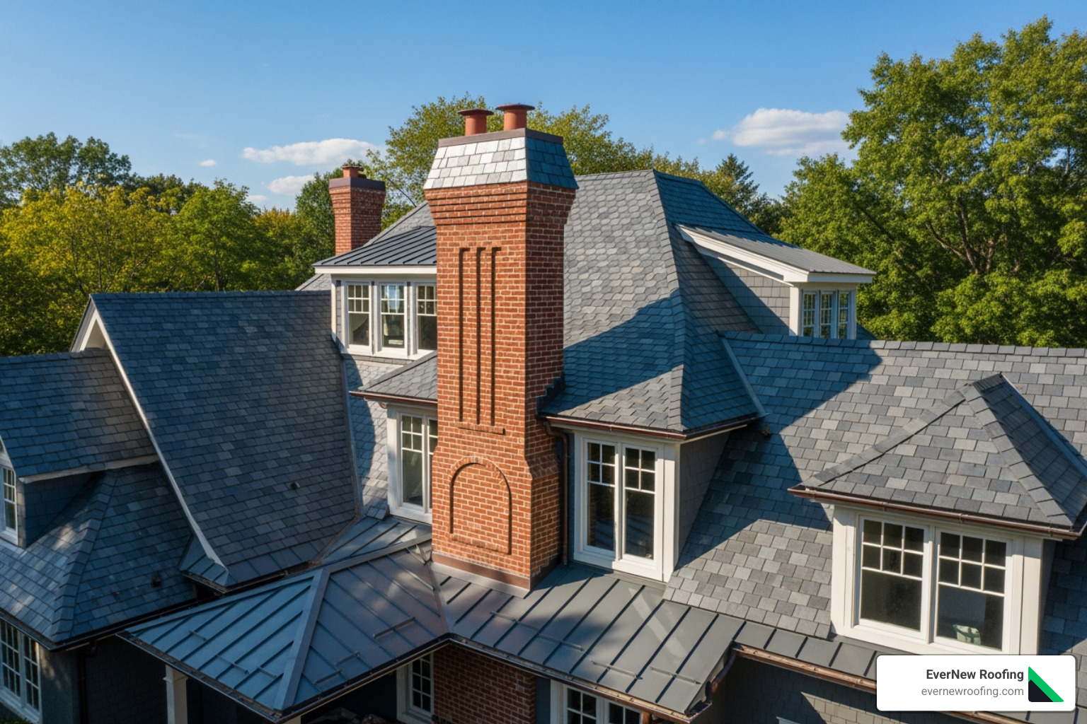 Complex roof with multiple pitches and a chimney - Roof repair estimate