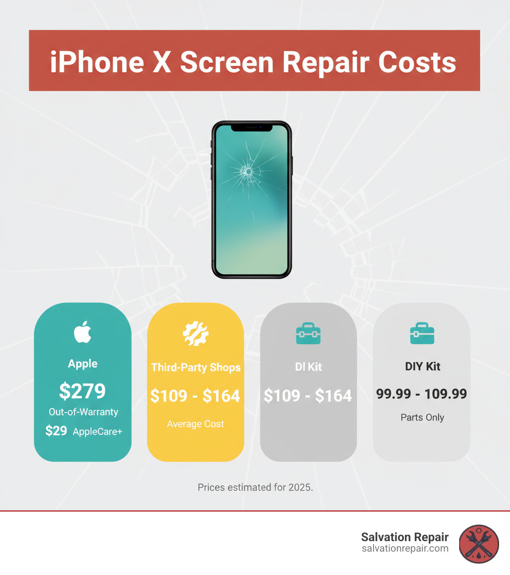 Infographic detailing typical iPhone X screen repair costs for Apple, third-party, and DIY options - iphone x screen repair cost infographic 