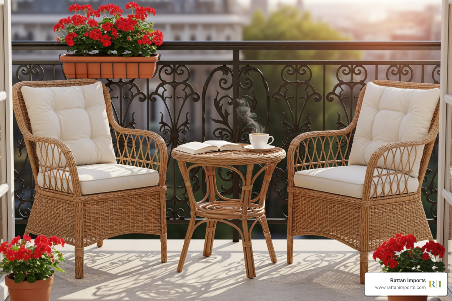 chic 3-piece rattan bistro set on a small balcony - Outdoor rattan furniture sale