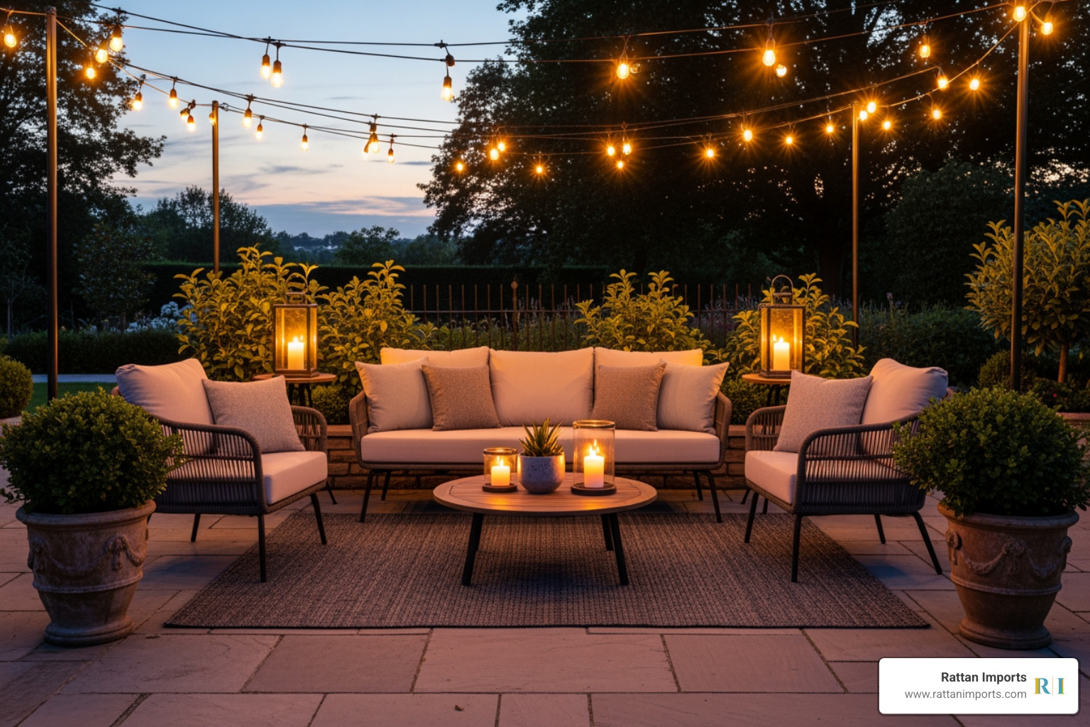 well-styled patio with rattan furniture, an outdoor rug, and accent lighting - Outdoor rattan furniture sale
