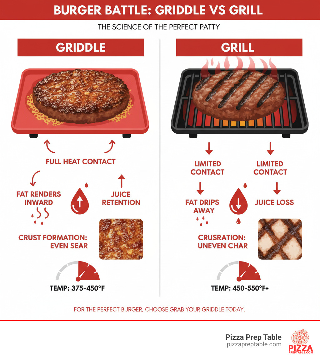 Infographic comparing griddle vs grill for burgers showing heat contact surface area, fat rendering patterns, juice retention, crust formation, and cooking temperature zones with visual diagrams of burger patties on both surfaces - Griddle for burgers infographic Infographic comparing griddle vs grill for burgers showing heat contact surface area, fat rendering patterns, juice retention, crust formation, and cooking temperature zones with visual diagrams of burger patties on both surfaces - Griddle for burgers infographic