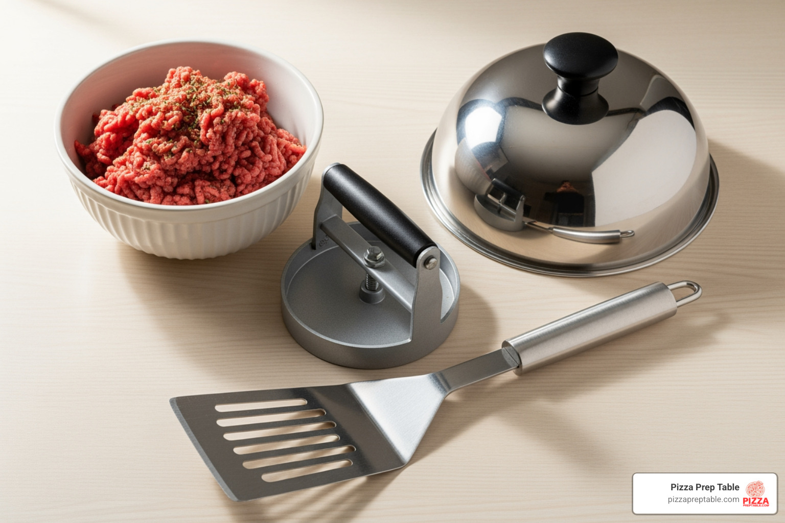 essential tools for griddle burgers: a sturdy spatula, burger press, melting dome, and a bowl of seasoned ground beef - Griddle for burgers essential tools for griddle burgers: a sturdy spatula, burger press, melting dome, and a bowl of seasoned ground beef - Griddle for burgers