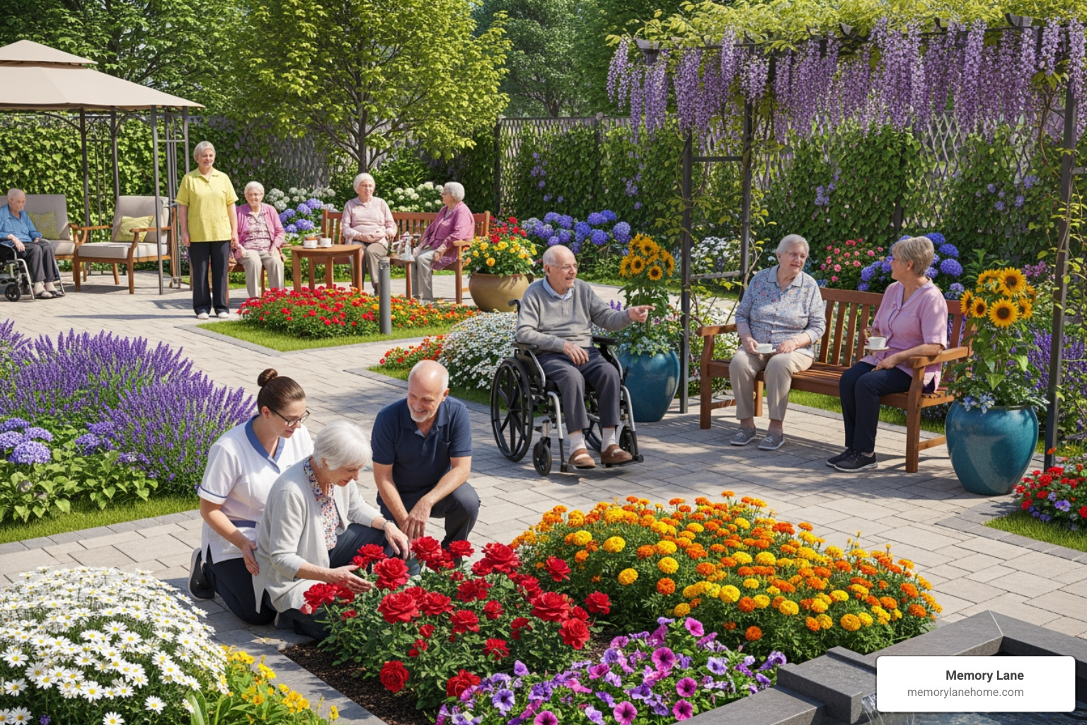 residents in a secure, beautifully maintained outdoor garden - benefits of memory care