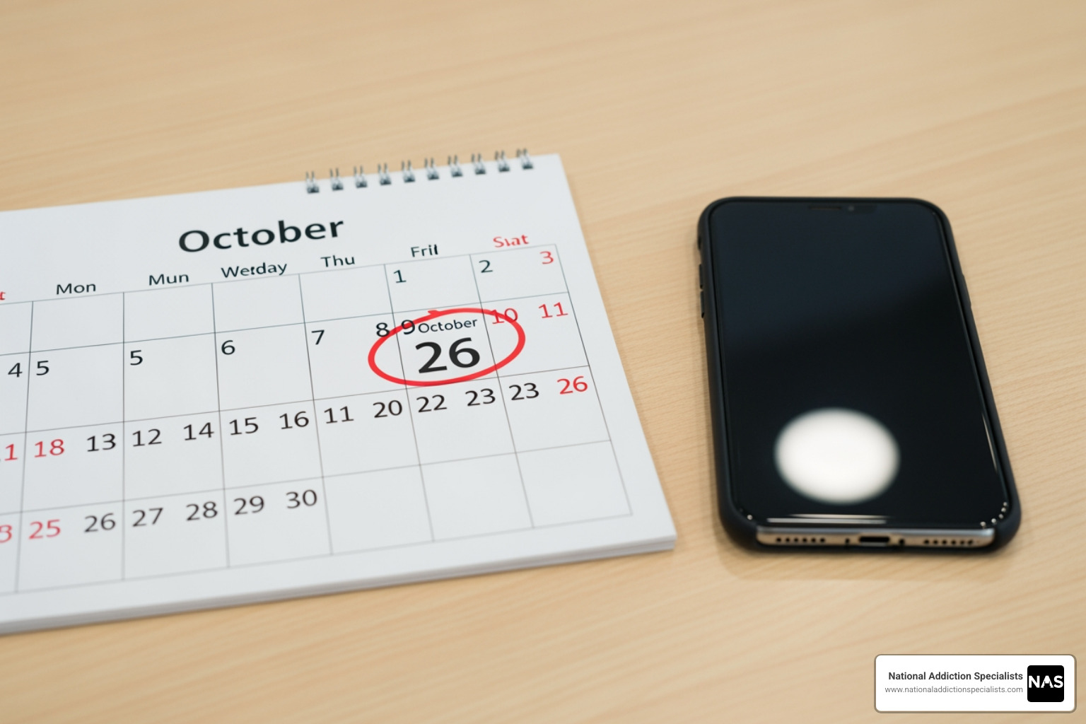A calendar with an appointment circled, next to a smartphone - Online Suboxone Programs A calendar with an appointment circled, next to a smartphone - Online Suboxone Programs