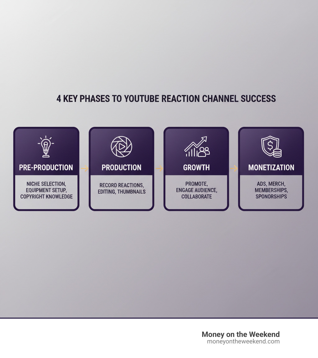 Infographic showing the 4 key phases of starting a YouTube reaction channel: Pre-Production, Production, Growth, and Monetization. - how to start a reaction youtube channel infographic Infographic showing the 4 key phases of starting a YouTube reaction channel: Pre-Production, Production, Growth, and Monetization. - how to start a reaction youtube channel infographic