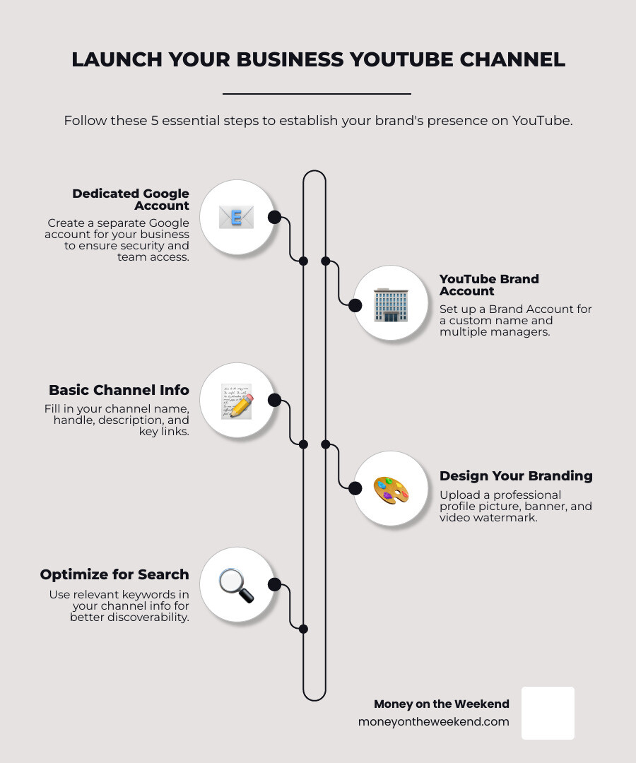Infographic explaining the 5 key steps to launching a business YouTube channel: 1. Create a dedicated Google Account, 2. Set up your YouTube Brand Account, 3. Fill in your channel's basic information, 4. Design your channel's branding, 5. Optimize for search - how to create a business page on youtube infographic infographic-line-5-steps-elegant_beige Infographic explaining the 5 key steps to launching a business YouTube channel: 1. Create a dedicated Google Account, 2. Set up your YouTube Brand Account, 3. Fill in your channel's basic information, 4. Design your channel's branding, 5. Optimize for search - how to create a business page on youtube infographic infographic-line-5-steps-elegant_beige