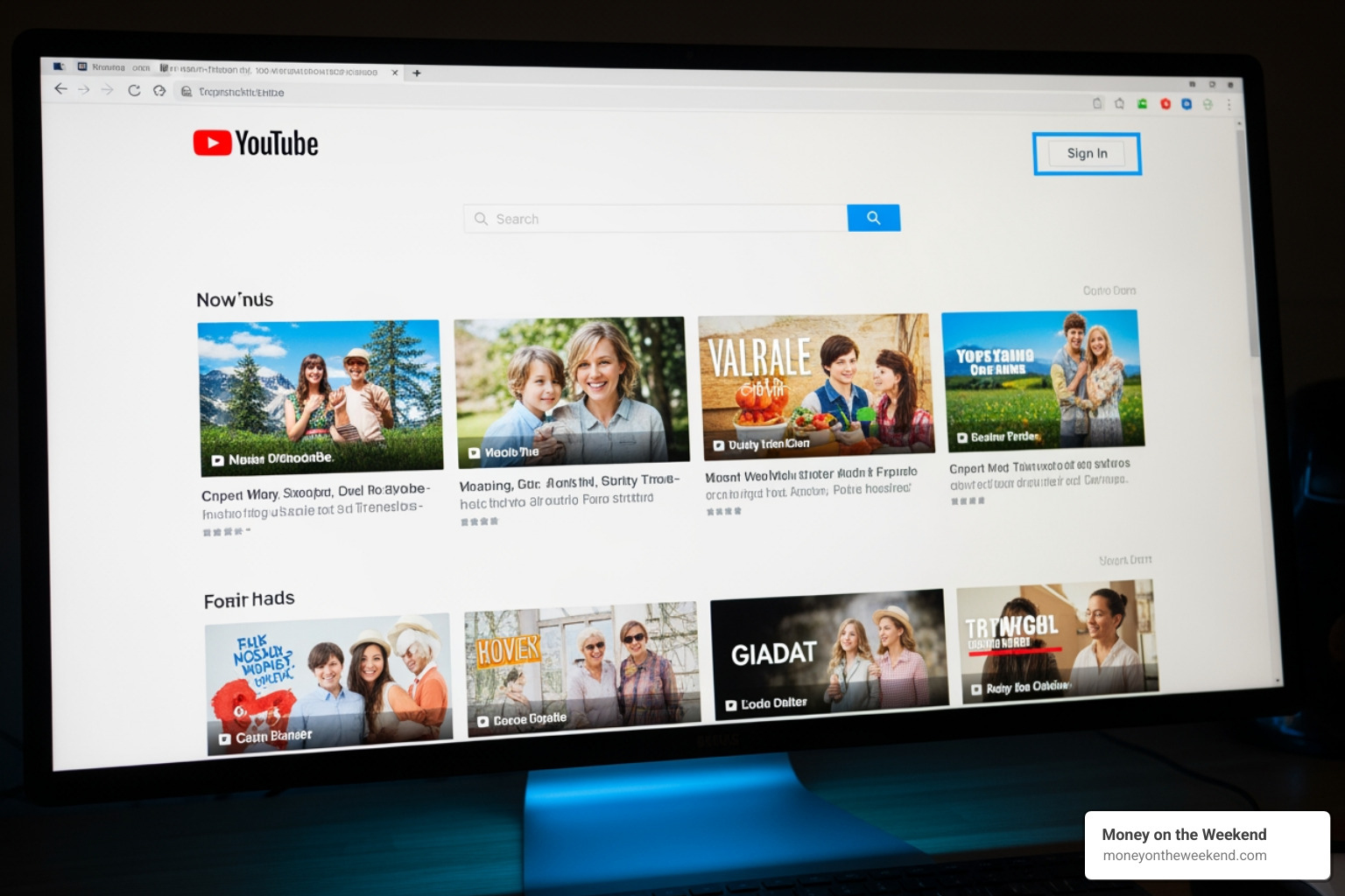YouTube homepage with the "Sign In" button highlighted - how to create a business page on youtube YouTube homepage with the "Sign In" button highlighted - how to create a business page on youtube