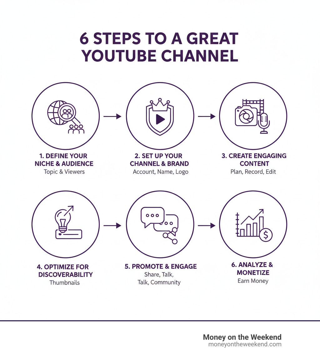 Infographic detailing the 6 key stages to create a great YouTube channel: 1. Define Your Niche & Audience (Choose your topic and who you want to watch). 2. Set Up Your Channel & Brand (Create account, name, logo, and channel look). 3. Create Engaging Content (Plan, record, and edit high-quality videos). 4. Optimize for Discoverability (Use strong titles, descriptions, keywords, and thumbnails). 5. Promote & Engage (Share videos, talk to viewers, build a community). 6. Analyze & Monetize (Check your channel's performance and earn money). - how to create a great youtube channel infographic Infographic detailing the 6 key stages to create a great YouTube channel: 1. Define Your Niche & Audience (Choose your topic and who you want to watch). 2. Set Up Your Channel & Brand (Create account, name, logo, and channel look). 3. Create Engaging Content (Plan, record, and edit high-quality videos). 4. Optimize for Discoverability (Use strong titles, descriptions, keywords, and thumbnails). 5. Promote & Engage (Share videos, talk to viewers, build a community). 6. Analyze & Monetize (Check your channel's performance and earn money). - how to create a great youtube channel infographic