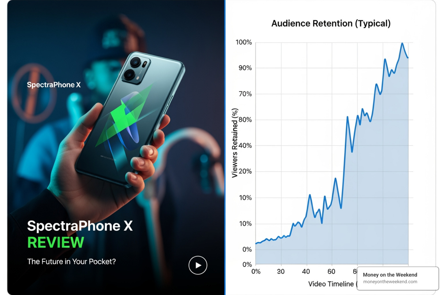 A split-screen showing a compelling YouTube thumbnail on one side and a high-retention graph from YouTube Analytics on the other - how to create a great youtube channel A split-screen showing a compelling YouTube thumbnail on one side and a high-retention graph from YouTube Analytics on the other - how to create a great youtube channel