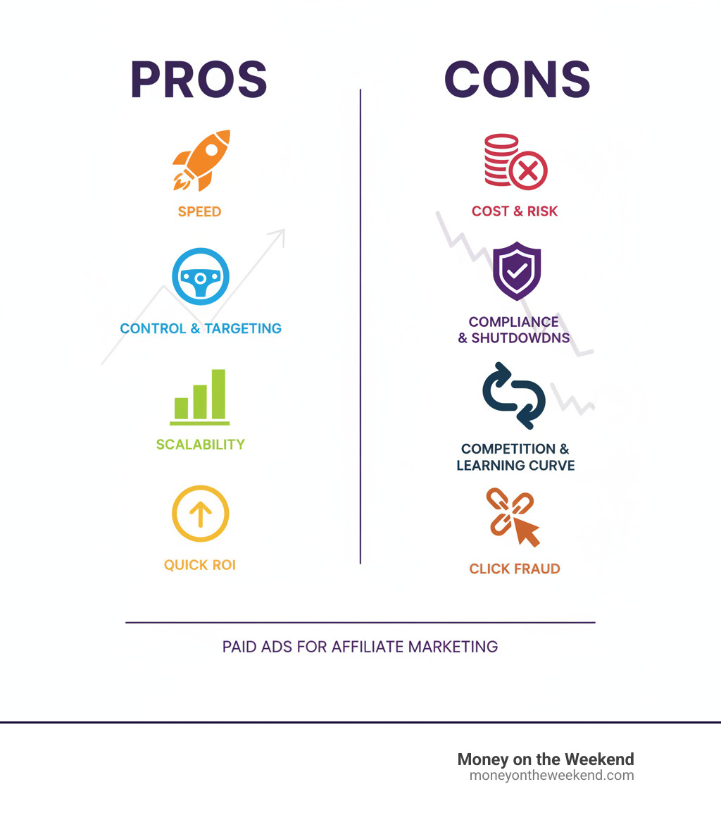 Infographic detailing the pros (speed, control, targeting, scalability, quick ROI) and cons (cost, risk, compliance, ad shutdowns, competition, learning curve, click fraud) of using paid ads for affiliate marketing. - Paid ads affiliate marketing infographic Infographic detailing the pros (speed, control, targeting, scalability, quick ROI) and cons (cost, risk, compliance, ad shutdowns, competition, learning curve, click fraud) of using paid ads for affiliate marketing. - Paid ads affiliate marketing infographic