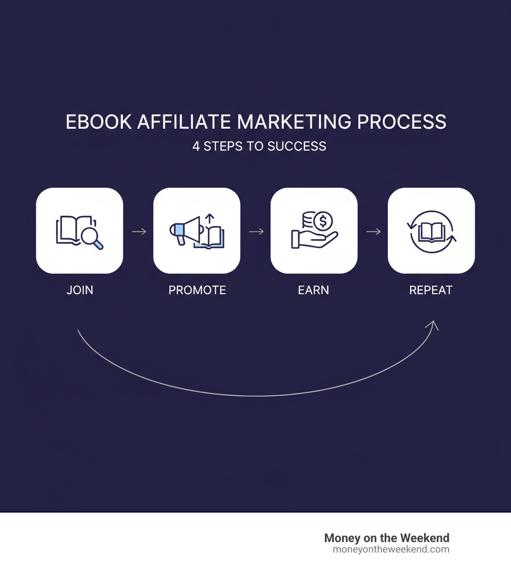 Infographic explaining the 4-step process of ebook affiliate marketing: Join, Promote, Earn, Repeat. - ebook affiliate programs infographic Infographic explaining the 4-step process of ebook affiliate marketing: Join, Promote, Earn, Repeat. - ebook affiliate programs infographic