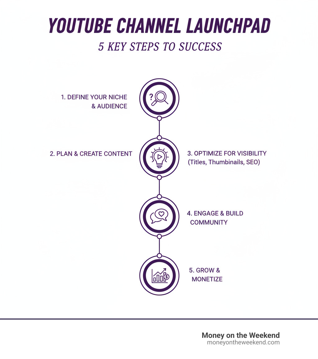 Infographic explaining the 5 key steps to launching a successful YouTube channel, from defining your niche to optimizing content and engaging with your audience - help starting a youtube channel infographic Infographic explaining the 5 key steps to launching a successful YouTube channel, from defining your niche to optimizing content and engaging with your audience - help starting a youtube channel infographic