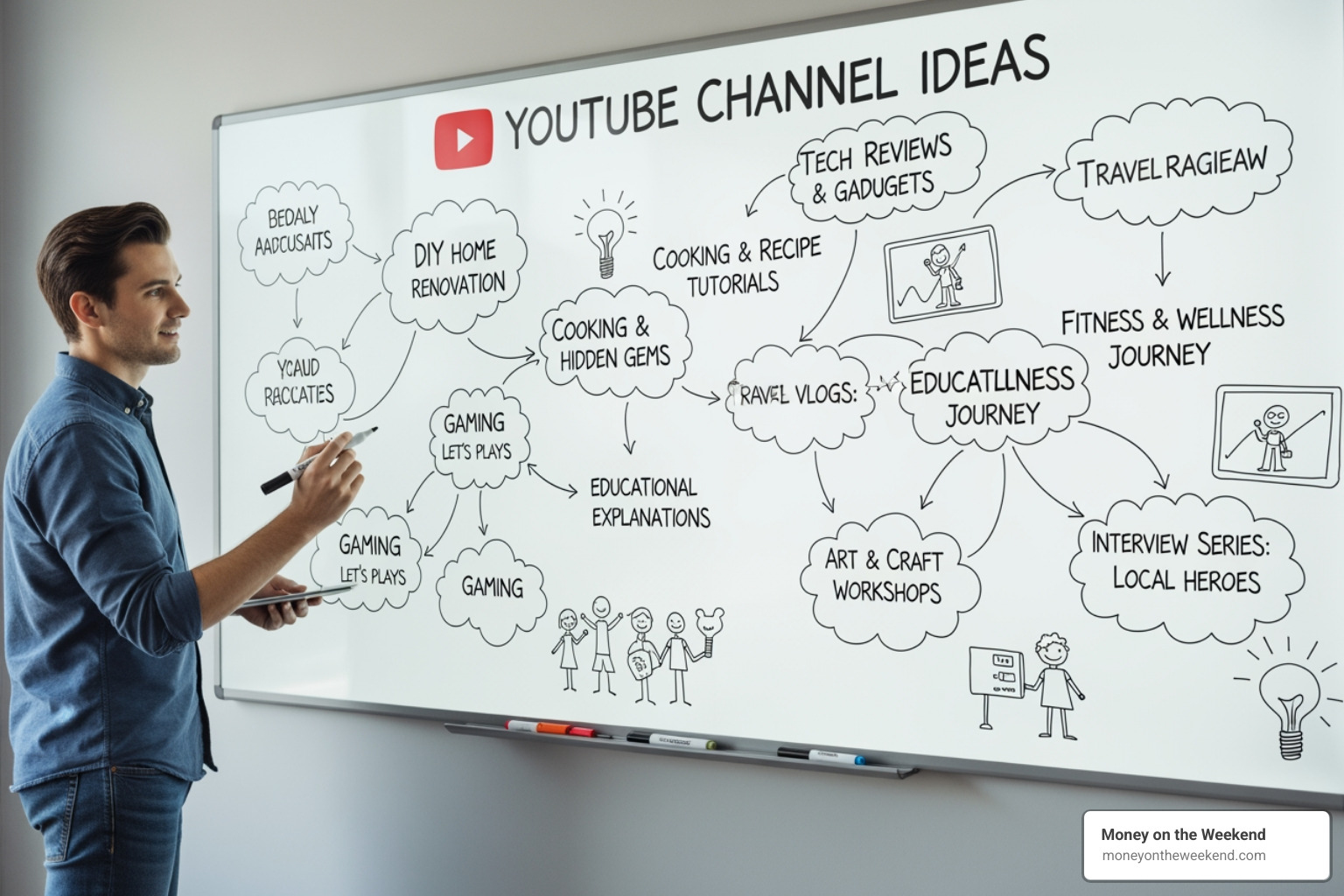 person brainstorming YouTube channel ideas on a whiteboard - help starting a youtube channel person brainstorming YouTube channel ideas on a whiteboard - help starting a youtube channel