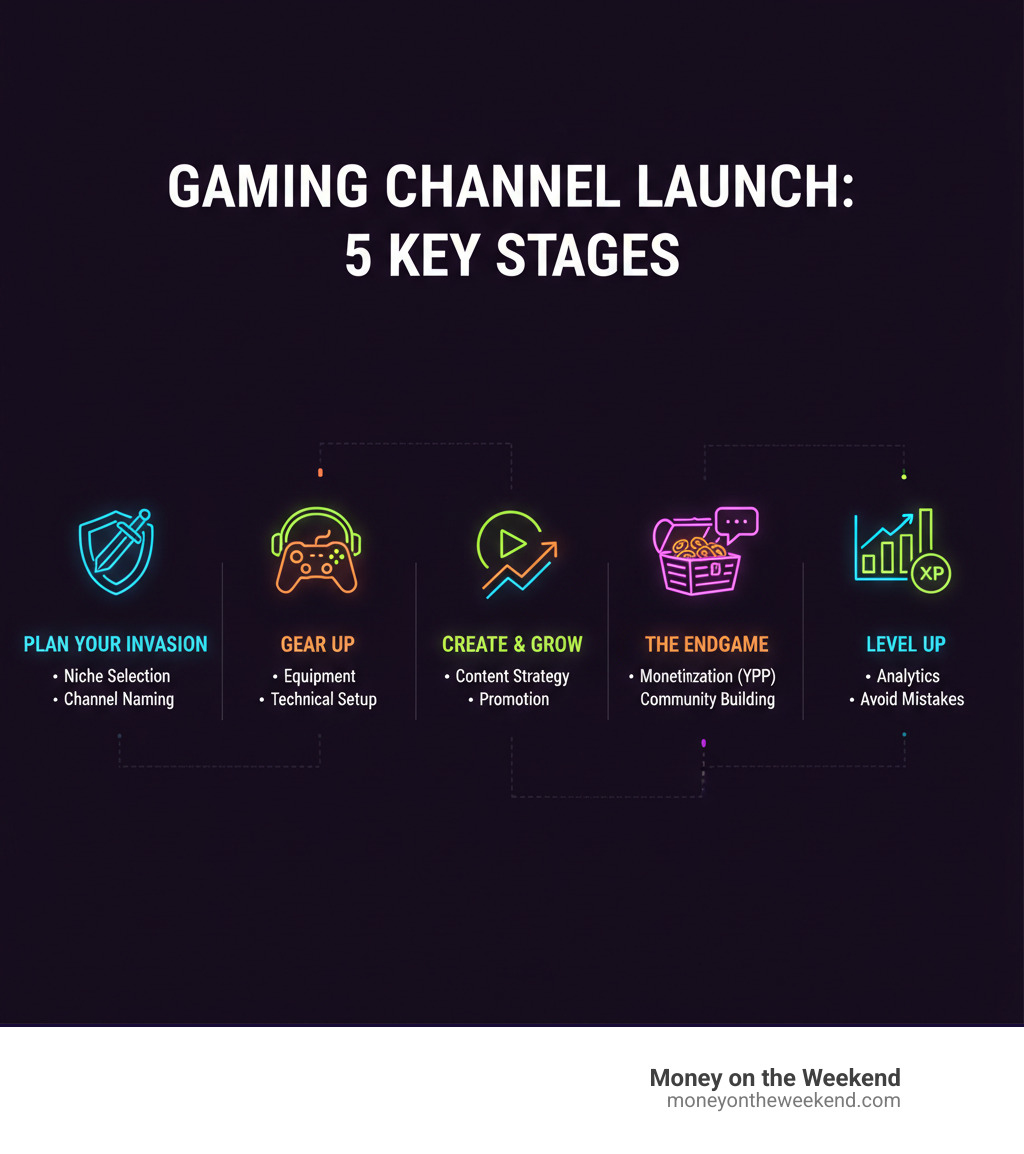 infographic explaining the 5 key stages to launching a gaming channel: Stage 1 Plan Your Invasion with niche selection and channel naming, Stage 2 Gear Up with equipment and technical setup, Stage 3 Create and Grow with content strategies and promotion, Stage 4 The Endgame showing monetization through YPP and community building, and Stage 5 Level Up with analytics and avoiding common mistakes - how to create a youtube gamer channel infographic infographic explaining the 5 key stages to launching a gaming channel: Stage 1 Plan Your Invasion with niche selection and channel naming, Stage 2 Gear Up with equipment and technical setup, Stage 3 Create and Grow with content strategies and promotion, Stage 4 The Endgame showing monetization through YPP and community building, and Stage 5 Level Up with analytics and avoiding common mistakes - how to create a youtube gamer channel infographic