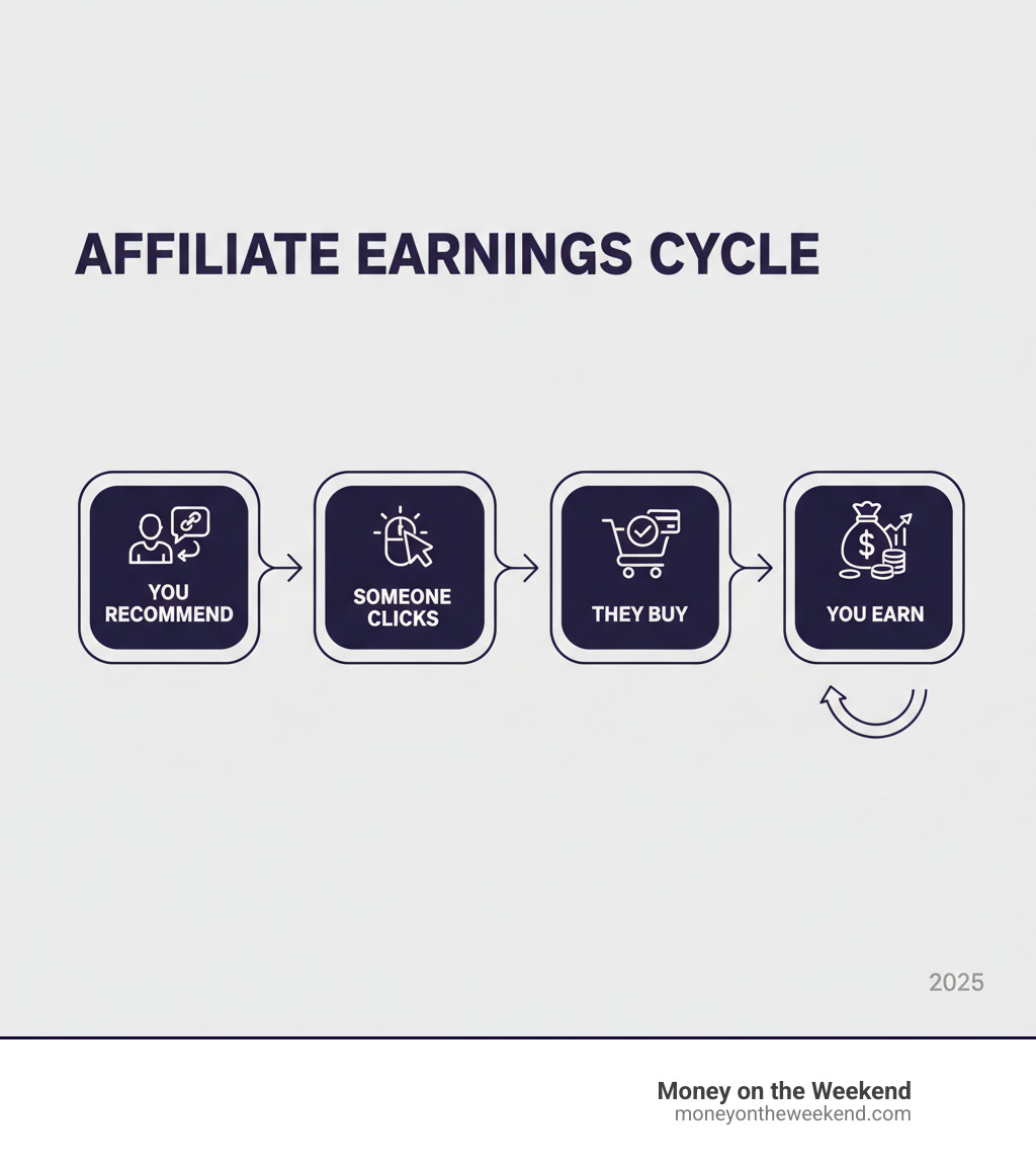 Infographic showing the process: You recommend -> Someone clicks -> They buy -> You earn - affiliate marketing passive income infographic Infographic showing the process: You recommend -> Someone clicks -> They buy -> You earn - affiliate marketing passive income infographic