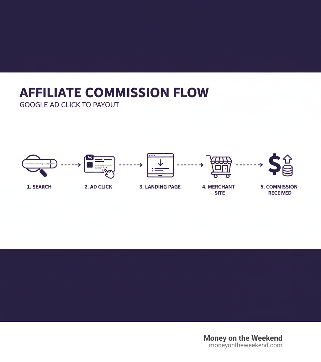 Flow from Google Ad click to affiliate commission showing search, ad click, landing page, merchant site, and commission - google ads affiliate marketing infographic Flow from Google Ad click to affiliate commission showing search, ad click, landing page, merchant site, and commission - google ads affiliate marketing infographic