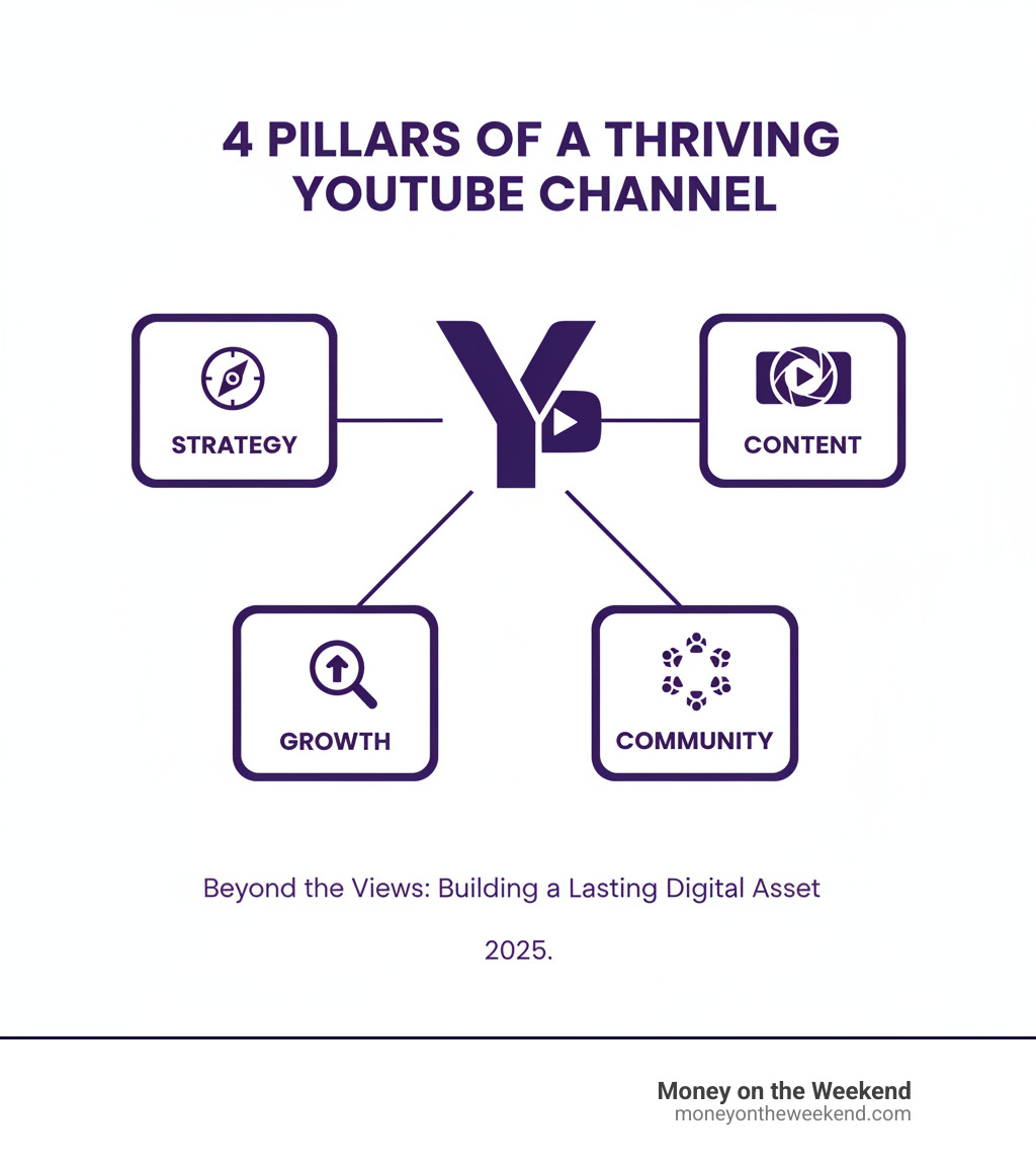 Infographic explaining the 4 pillars of a thriving YouTube channel: Strategy, Content, Growth, and Community. - what makes a great youtube channel infographic Infographic explaining the 4 pillars of a thriving YouTube channel: Strategy, Content, Growth, and Community. - what makes a great youtube channel infographic