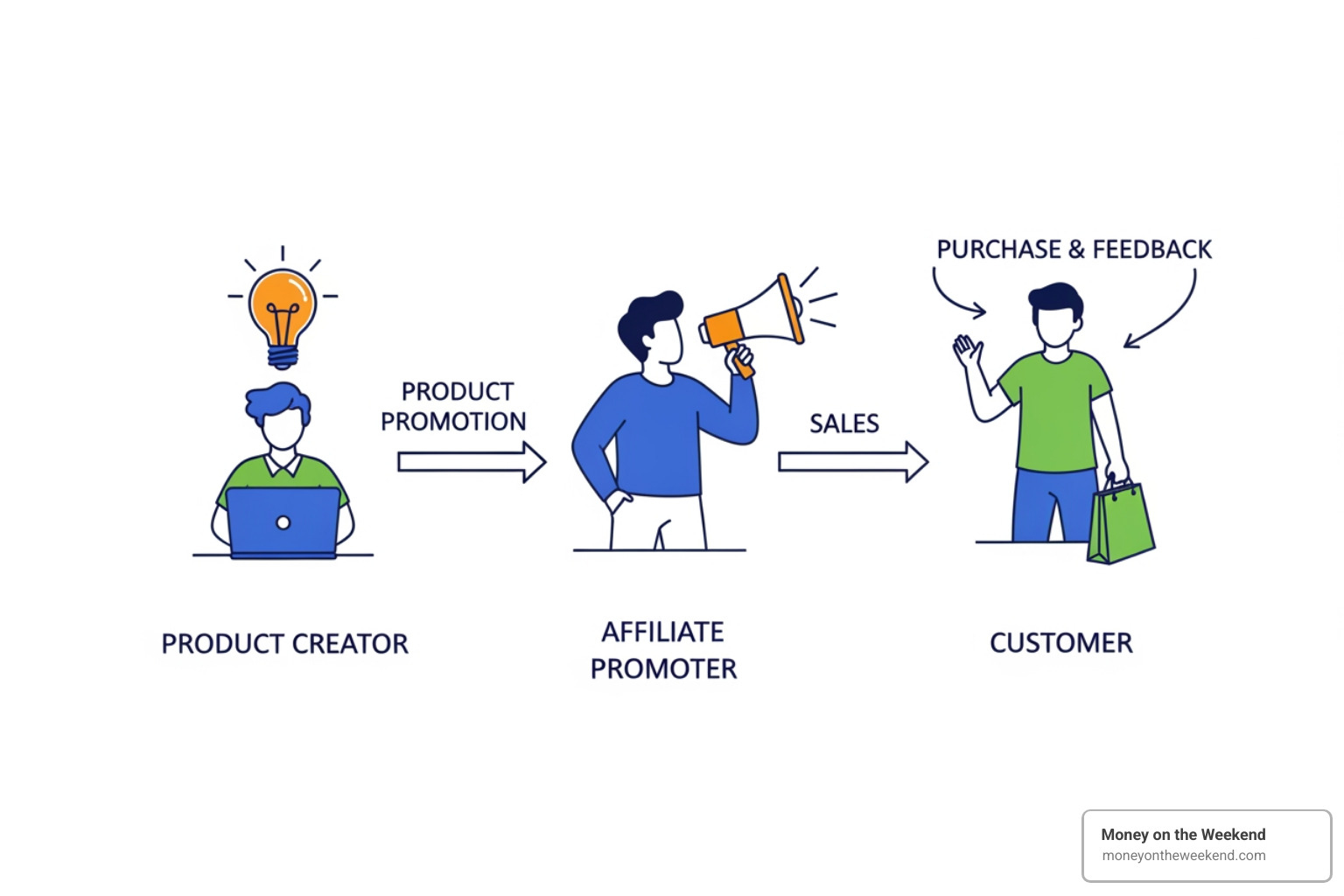 diagram showing the relationship between Product Creator, Promoter (Affiliate), and Customer - affiliate marketing passive income diagram showing the relationship between Product Creator, Promoter (Affiliate), and Customer - affiliate marketing passive income