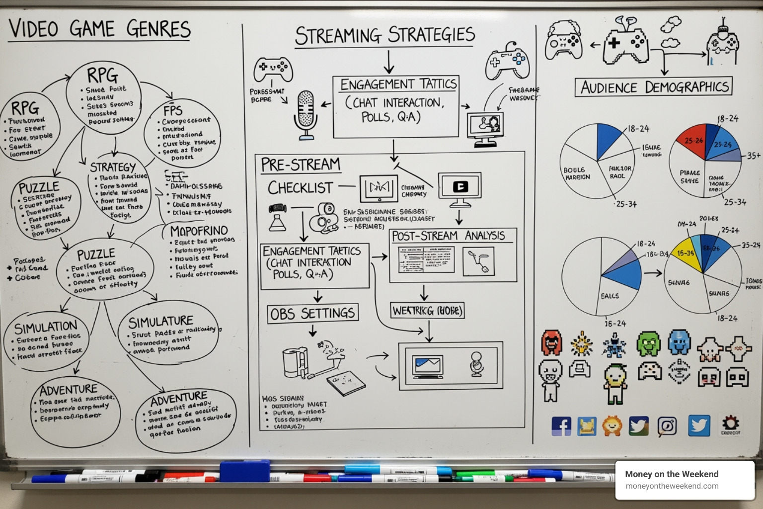 whiteboard with different gaming channel ideas and niches mapped out - how to create a youtube gamer channel whiteboard with different gaming channel ideas and niches mapped out - how to create a youtube gamer channel