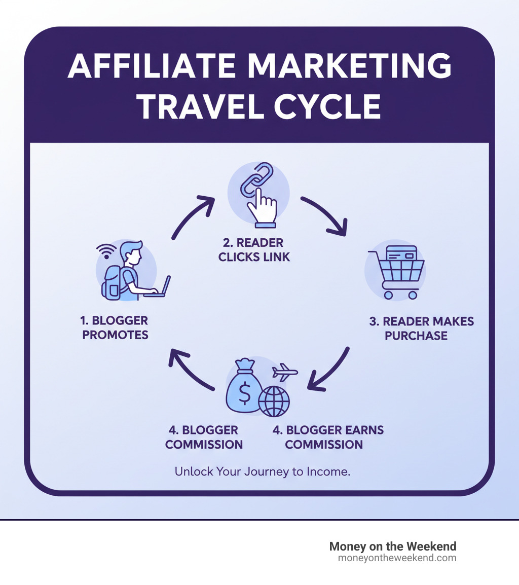 Infographic explaining the affiliate marketing cycle: Blogger promotes -> Reader clicks link -> Reader makes purchase -> Blogger earns commission. - affiliate marketing travel infographic Infographic explaining the affiliate marketing cycle: Blogger promotes -> Reader clicks link -> Reader makes purchase -> Blogger earns commission. - affiliate marketing travel infographic