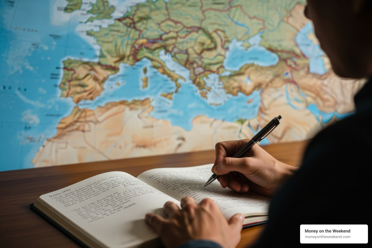 person writing in a notebook with a travel map in the background - affiliate marketing travel person writing in a notebook with a travel map in the background - affiliate marketing travel