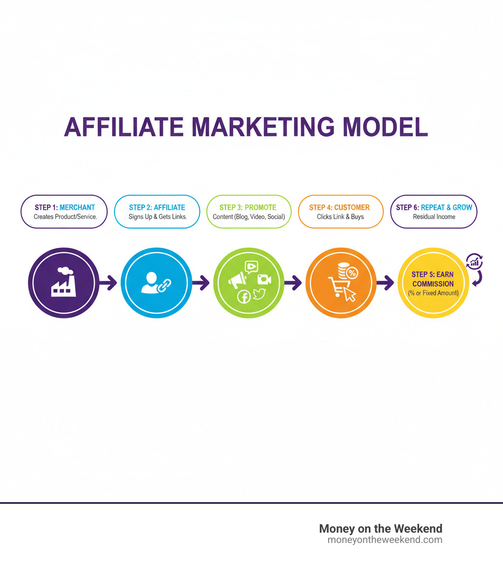 Infographic showing the affiliate marketing model: Step 1 - Merchant creates a product or service, Step 2 - Affiliate signs up and gets unique tracking links, Step 3 - Affiliate promotes product through content (blog, video, social media), Step 4 - Customer clicks affiliate link and makes purchase, Step 5 - Affiliate earns commission (percentage or fixed amount), Step 6 - Process repeats with residual income potential - affiliate marketing ebook infographic Infographic showing the affiliate marketing model: Step 1 - Merchant creates a product or service, Step 2 - Affiliate signs up and gets unique tracking links, Step 3 - Affiliate promotes product through content (blog, video, social media), Step 4 - Customer clicks affiliate link and makes purchase, Step 5 - Affiliate earns commission (percentage or fixed amount), Step 6 - Process repeats with residual income potential - affiliate marketing ebook infographic