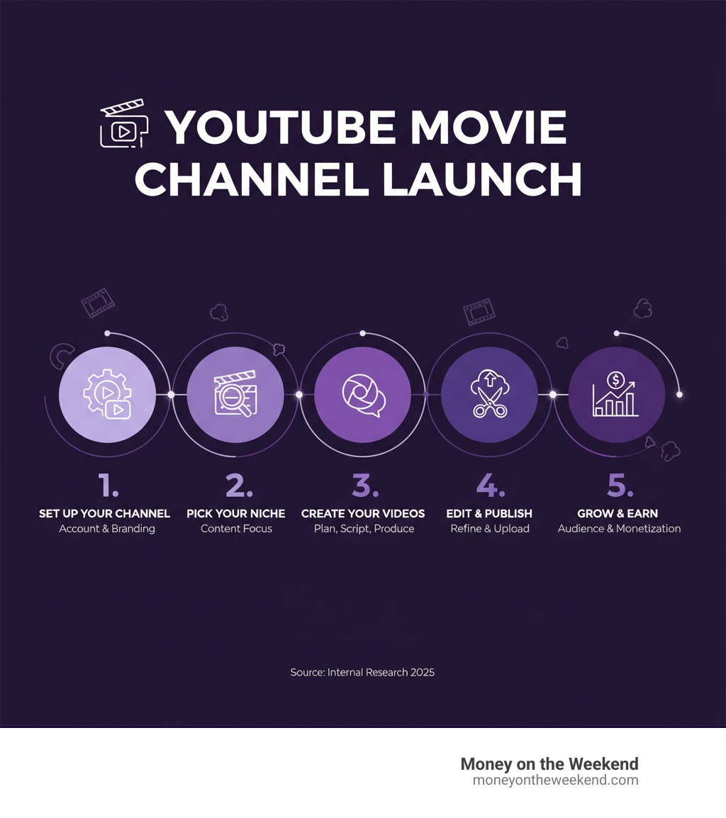 Infographic explaining the 5 key stages of launching a YouTube movie channel: 1. Set Up Your Channel (create account, brand identity), 2. Pick Your Niche (specific movie content), 3. Create Your Videos (plan, script, produce), 4. Edit and Publish (polish, upload), 5. Grow and Earn (audience, monetization) - how to create a movie channel on youtube infographic Infographic explaining the 5 key stages of launching a YouTube movie channel: 1. Set Up Your Channel (create account, brand identity), 2. Pick Your Niche (specific movie content), 3. Create Your Videos (plan, script, produce), 4. Edit and Publish (polish, upload), 5. Grow and Earn (audience, monetization) - how to create a movie channel on youtube infographic