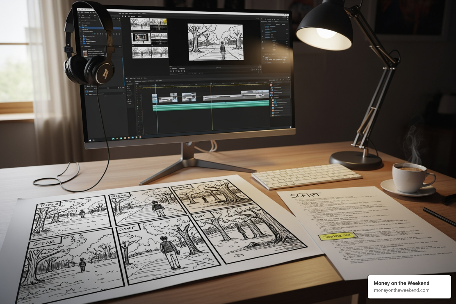 Storyboard and script next to a computer - how to create a movie channel on youtube Storyboard and script next to a computer - how to create a movie channel on youtube