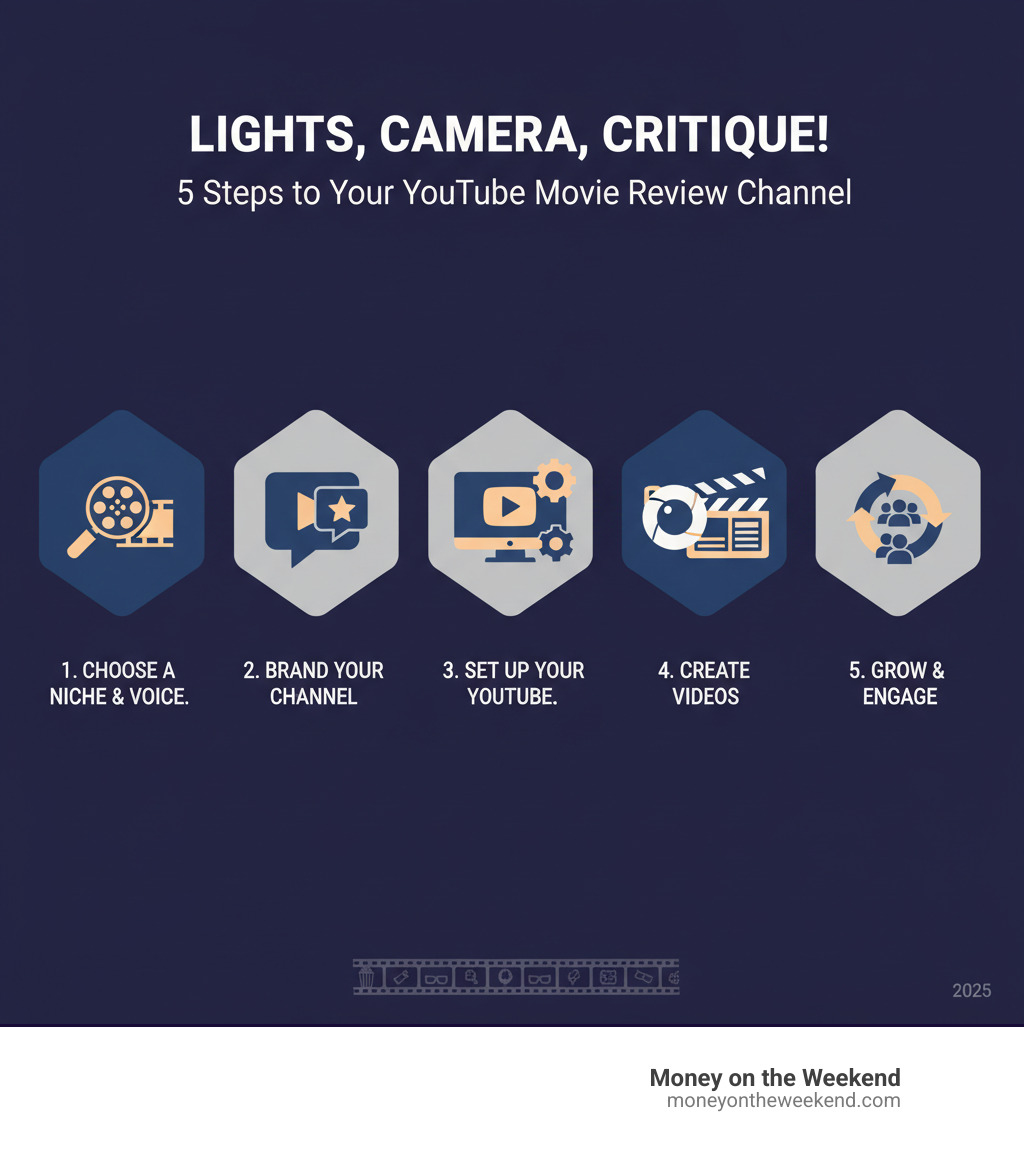 Infographic explaining the 5 key steps to starting a YouTube movie review channel - how to start a movie review channel on youtube infographic Infographic explaining the 5 key steps to starting a YouTube movie review channel - how to start a movie review channel on youtube infographic