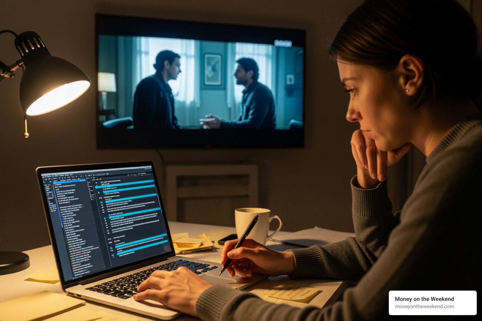 person writing a script on a laptop with a movie playing in the background - how to start a movie review channel on youtube person writing a script on a laptop with a movie playing in the background - how to start a movie review channel on youtube