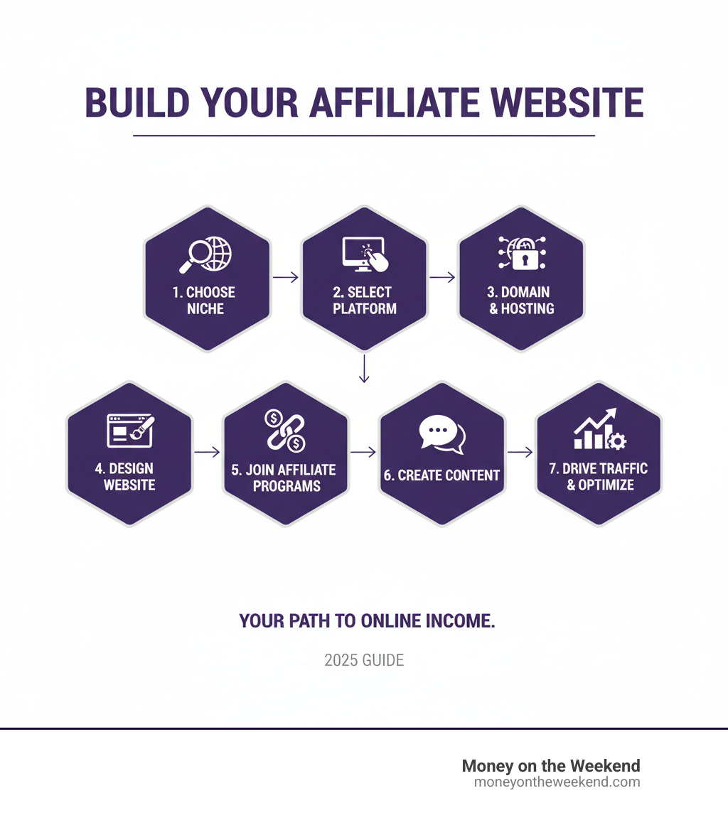 infographic showing 7 steps: choose niche, select platform, set up domain and hosting, design website, join affiliate programs, create content, drive traffic and optimize - building an affiliate marketing website infographic infographic showing 7 steps: choose niche, select platform, set up domain and hosting, design website, join affiliate programs, create content, drive traffic and optimize - building an affiliate marketing website infographic