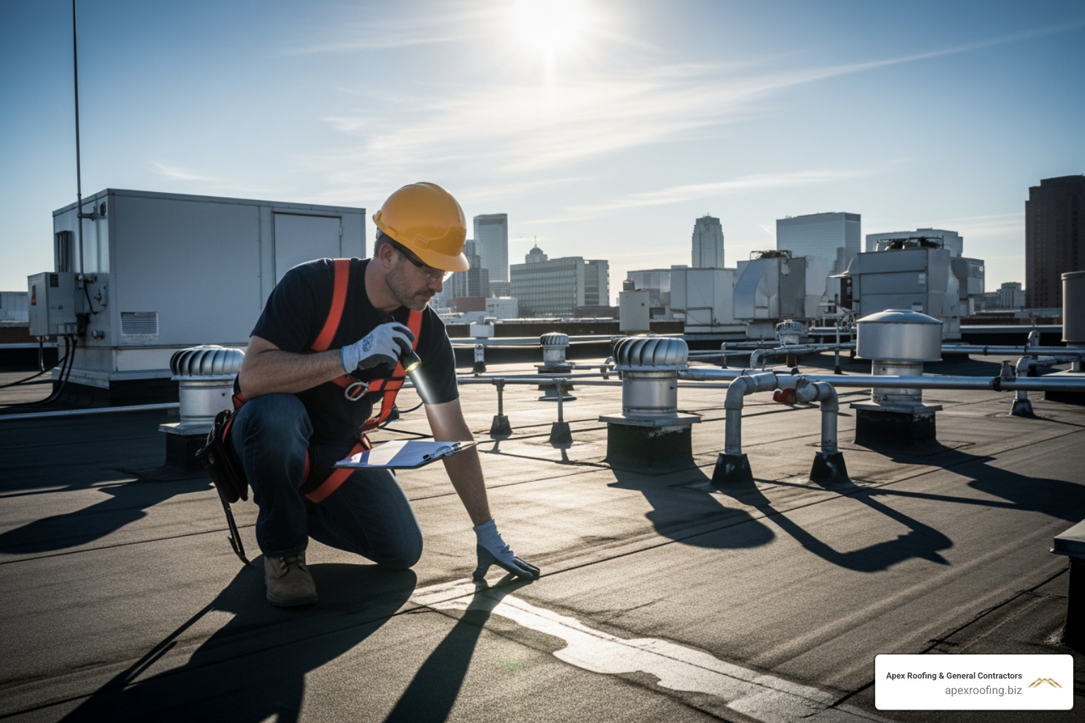 professional roofer conducting a detailed roof inspection - Commercial roofing contractors San Antonio