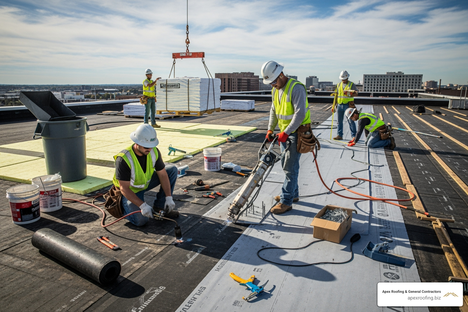 skilled roofing crew working on a large, flat commercial roof - Commercial roofing contractors San Antonio