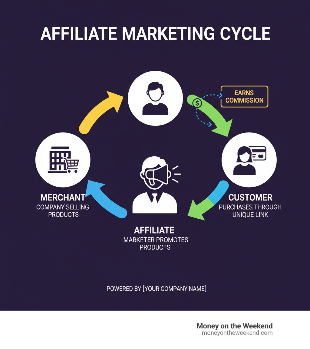 Infographic detailing the affiliate marketing cycle: A merchant (company selling products) partners with an affiliate (marketer) who promotes the products to a customer. When the customer makes a purchase through the affiliate's unique link, the affiliate earns a commission. - how to make money as a affiliate marketer infographic Infographic detailing the affiliate marketing cycle: A merchant (company selling products) partners with an affiliate (marketer) who promotes the products to a customer. When the customer makes a purchase through the affiliate's unique link, the affiliate earns a commission. - how to make money as a affiliate marketer infographic