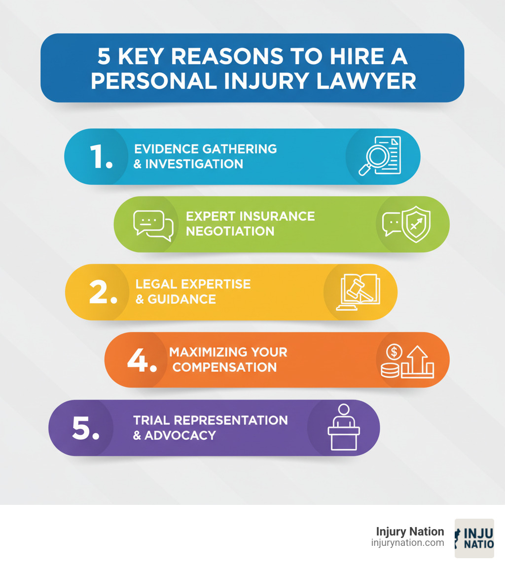 Infographic detailing the top 5 reasons to hire a personal injury lawyer, including evidence gathering, insurance negotiation, legal expertise, maximizing compensation, and trial representation. - injury law firms near me infographic Infographic detailing the top 5 reasons to hire a personal injury lawyer, including evidence gathering, insurance negotiation, legal expertise, maximizing compensation, and trial representation. - injury law firms near me infographic