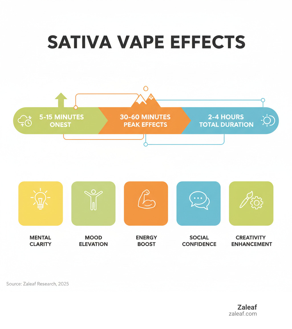 Infographic showing sativa vape effects timeline: 5-15 minutes onset, 30-60 minutes peak effects, 2-4 hours total duration, plus common effects like energy boost, mental clarity, creativity enhancement, mood elevation, and social confidence - Sativa vape effects infographic 