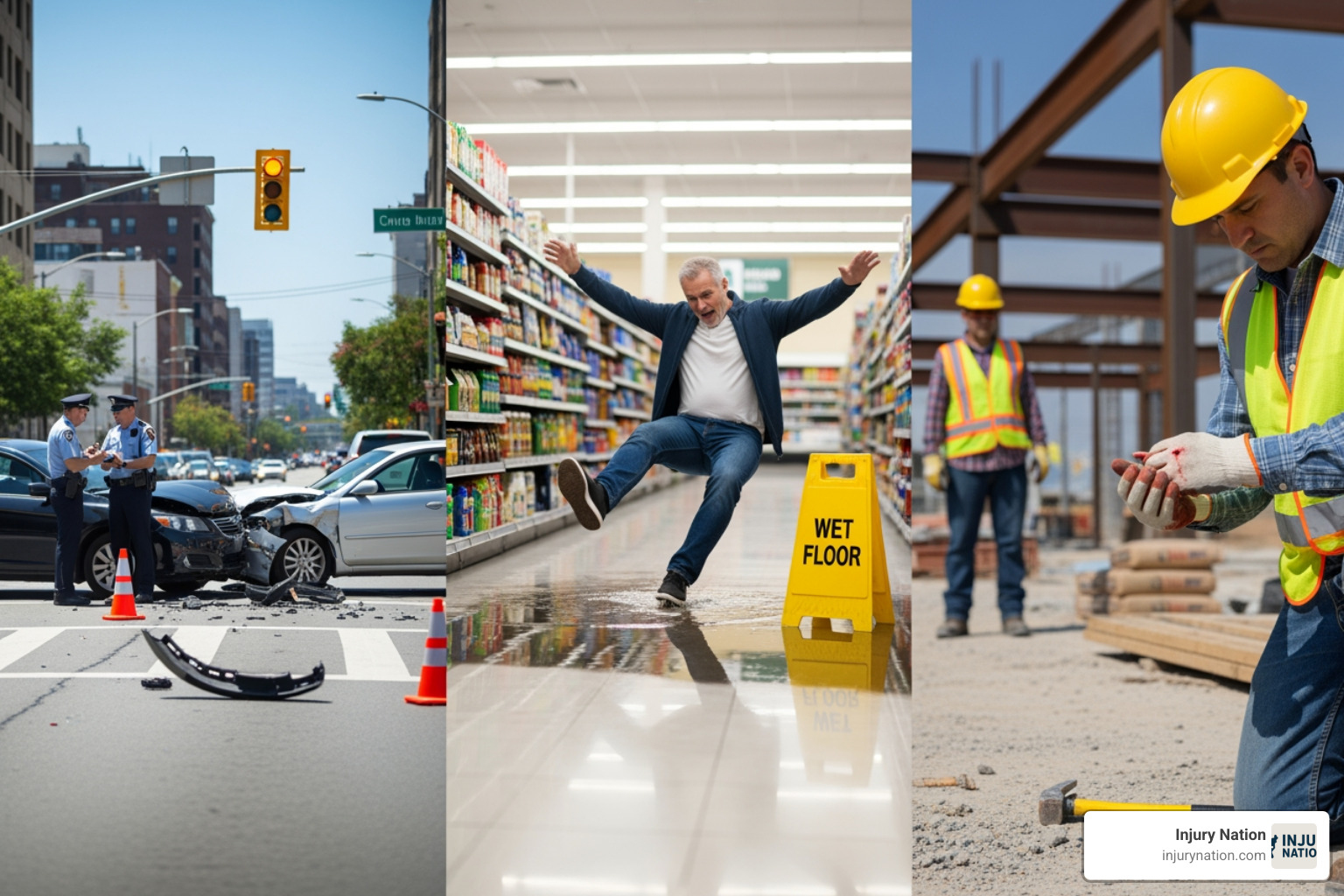 Image of various accident scenarios like a car crash and a slip and fall - injury law firms near me Image of various accident scenarios like a car crash and a slip and fall - injury law firms near me