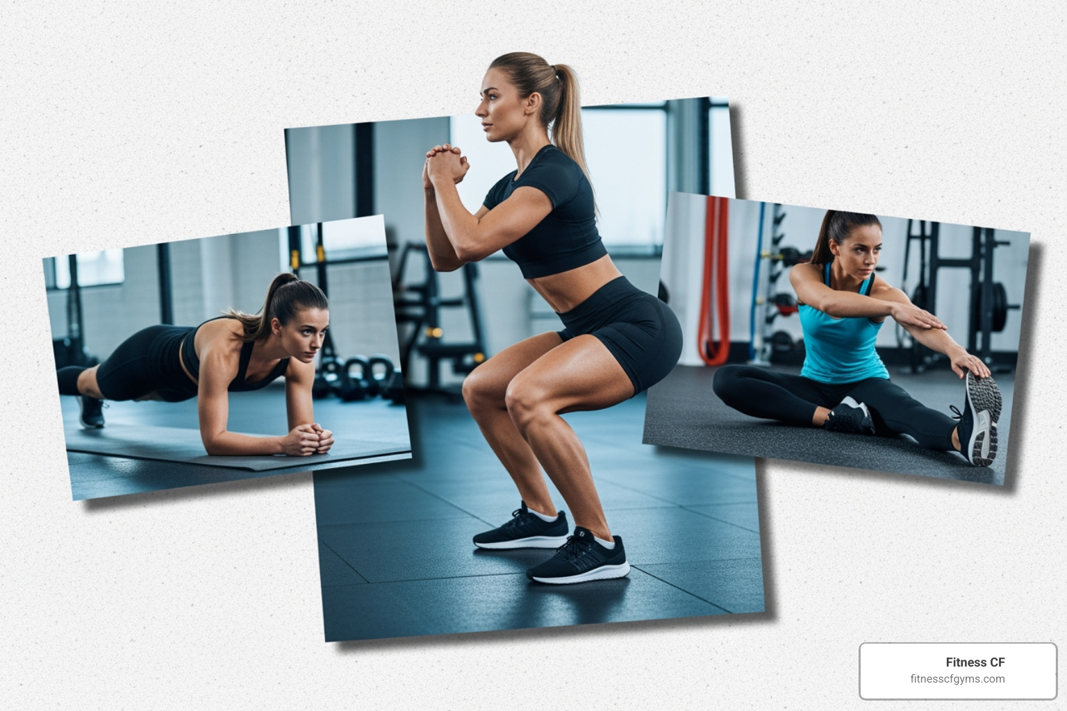 collage showing someone doing a squat, a plank, and stretching - 30 day weight loss workout plan