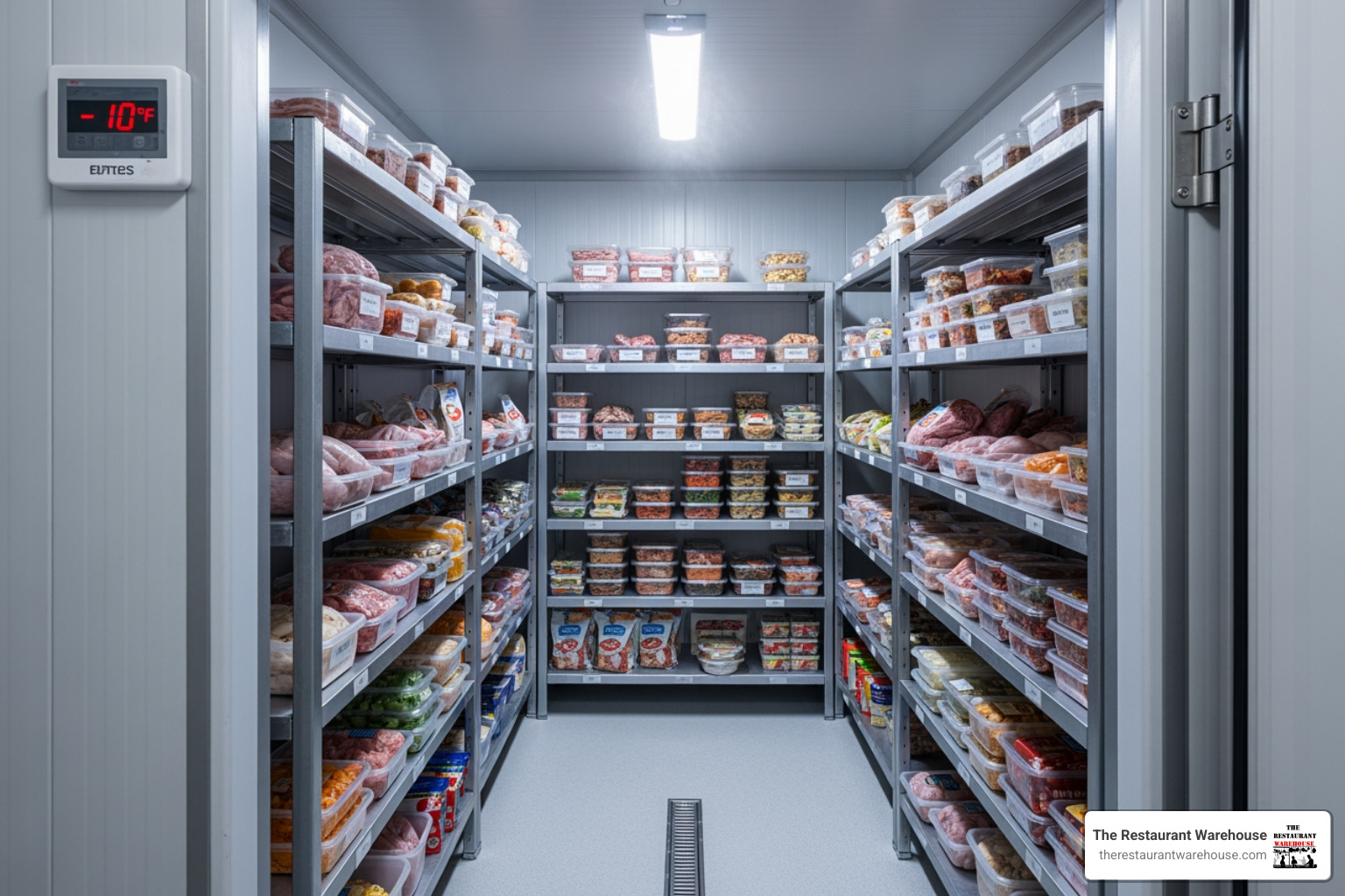 A well-organized and clean commercial walk-in freezer, with neatly stacked inventory on shelves. - commercial espresso machines