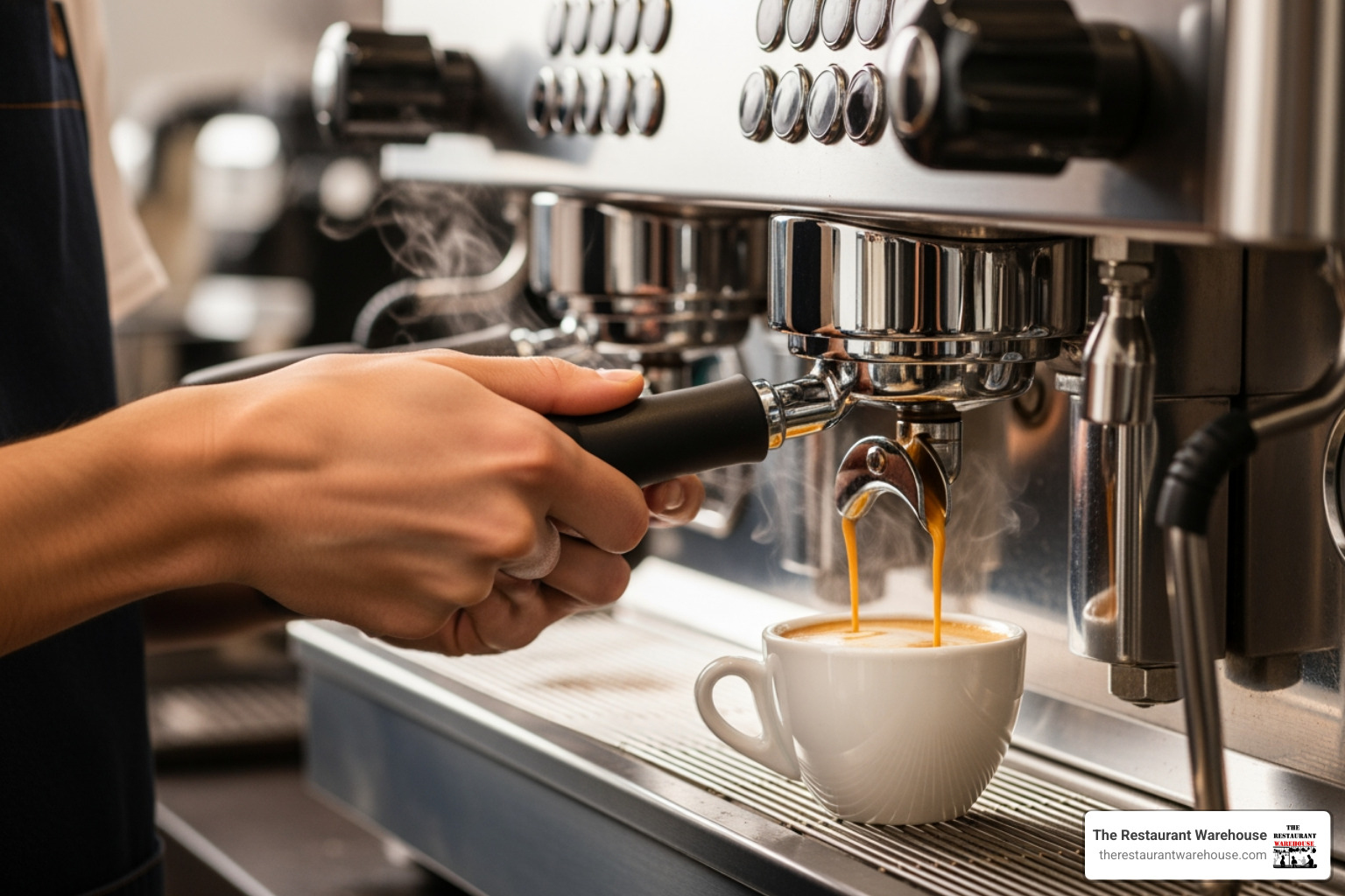 A close-up shot of a barista's hands expertly pulling a perfect shot of espresso with rich crema from a commercial machine. - commercial espresso machines