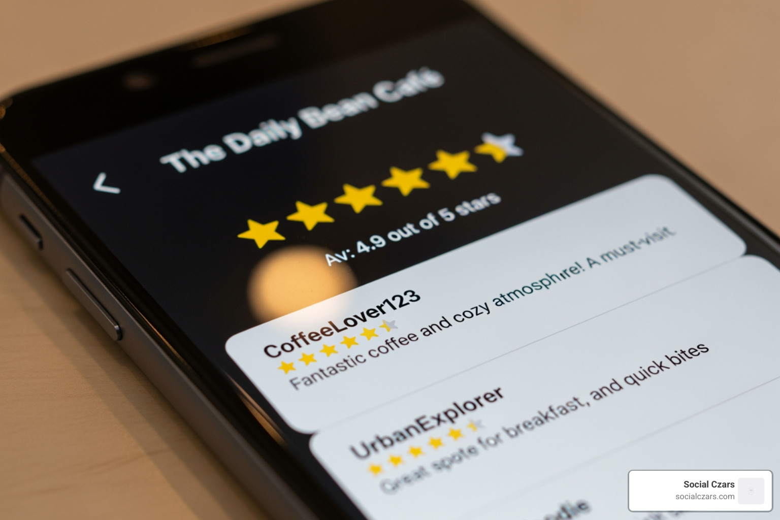 A phone screen displaying five-star ratings for a business. - online reputation repair
