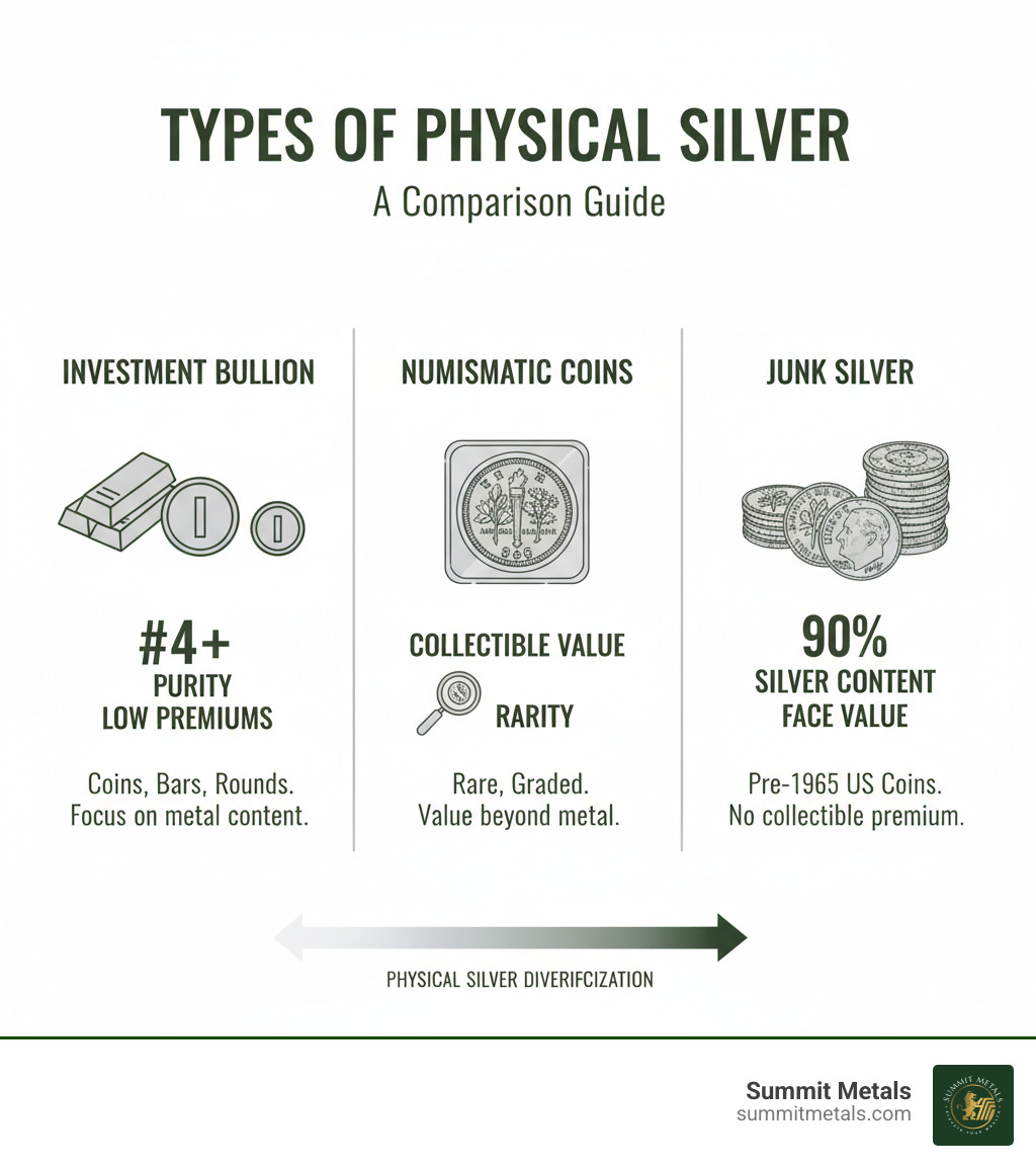 Infographic comparing three types of silver: Investment-grade silver bullion (coins, bars, rounds) with .999+ purity and low premiums; Numismatic coins with collectible value, rarity premiums, and grading factors; and Junk silver (pre-1965 US coins) with 90% silver content, no collectible premium, and sold by face value - silver bullion infographic Infographic comparing three types of silver: Investment-grade silver bullion (coins, bars, rounds) with .999+ purity and low premiums; Numismatic coins with collectible value, rarity premiums, and grading factors; and Junk silver (pre-1965 US coins) with 90% silver content, no collectible premium, and sold by face value - silver bullion infographic