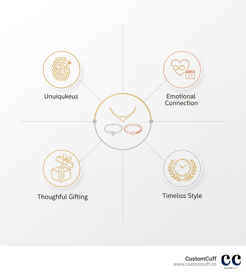 Infographic showing the top 4 benefits of personalized jewelry sets: 1. Uniqueness - Stand out with one-of-a-kind designs that reflect your personal story, 2. Emotional Connection - Commemorate special people, dates, and moments that matter most, 3. Thoughtful Gifting - Show loved ones you went the extra mile with custom details, 4. Timeless Style - Quality materials and classic designs that never go out of fashion - personalised necklace and bracelet set infographic 